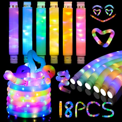 COVVY Lot de 18 tubes pop lumineux - Jouet sensoriel à LED - Tube extensible à LED - Pour Halloween, Noël, anniversaire, fête