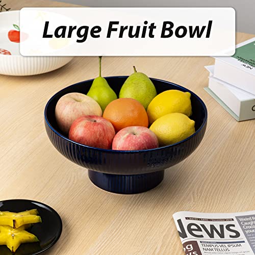 Magclay Ceramic Fruit Bowl With Draining Holes, 10" Large Fruit Basket With Multifunctional Removable Pedestal, Decorative Fruit Bowl For Table Countertop, Fruit And Vegetable Holder, Navy #TOP3