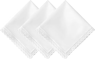 Handkerchiefs for Women, Pure White Handkerchief Cotton Ladies Hankies with Lace Edge for Wedding Party 3/6PCS
