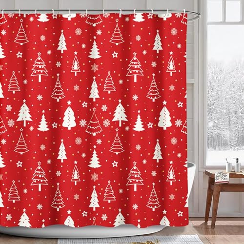AIBIIN Red Christmas Shower Curtain Xmas Tree Snowflakes Bath Curtains for Bathroom Durable Polyester Material with 12 Hooks 180x180cm
