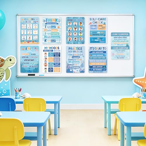 Image of 9Pcs Calming Corner Posters, 13.4 inchx9.2 inch Ocean Theme Calm Down Corner Poster for Classroom Bulletin Boards, Educational Behavior Charts for Elementary Middle Back to School Wall Decorations Teacher Must Haves