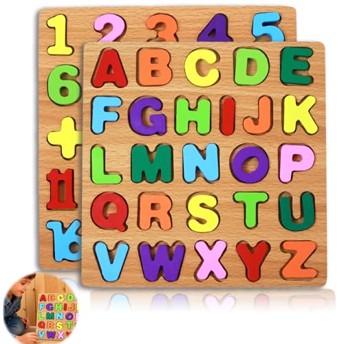 UIHRLM 2PCS Wooden Alphabet Puzzle Number Jigsaw Set, Toddler Numbers & Letters Learning Jigsaws, Colorful Wood ABC Number Blocks Puzzles Early Education Toys for 3 4 5 Year Old Girls Boys Gifts