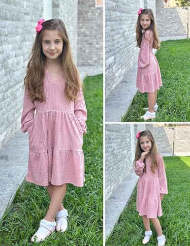 Arshiner Girls Dresses Lantern Long Sleeve Textured Casual Dress with Pockets for 5-12 Years3