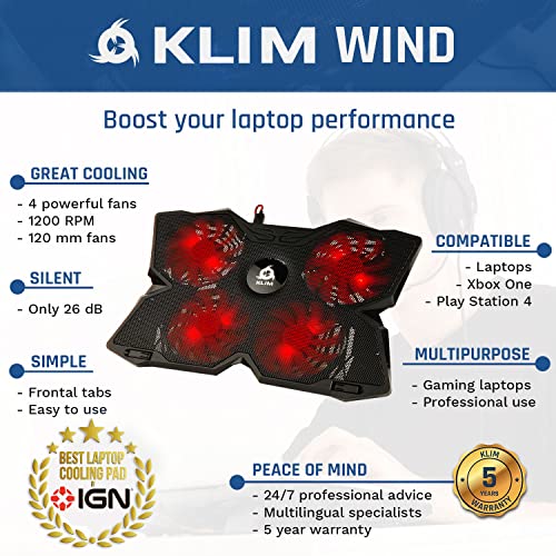 Klim Wind - Laptop Cooling Pad - More Than 500 000 Units Sold - 2022 Version - The Most Powerful Rapid Action Cooling Fan - Laptop Stand With 4 Cooling Fans At 1200 Rpm - Usb Fan - Ps5, Ps4 - Red #TOP1