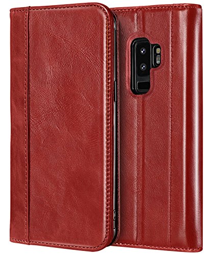 ProCase Galaxy S9 Plus Genuine Leather Case, Vintage Wallet Folding Flip Case with Kickstand, Card Holder, Magnetic Closure Protective Cover for Galaxy S9+ 2018 Release -Red