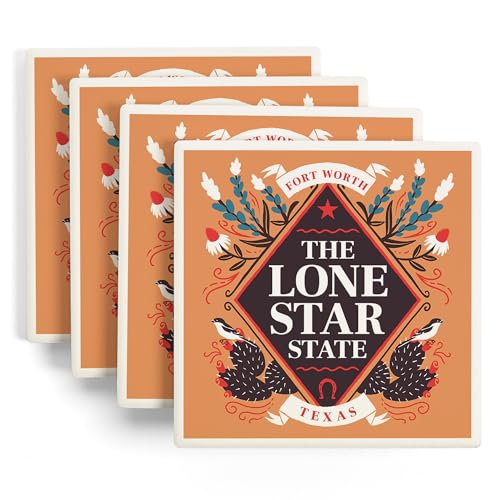 Fort Worth, Texas, State Motto Crest, State Series (Absorbent Ceramic Coasters Set of 4 Matching Images, Cork Back, Kitchen Table Decor)