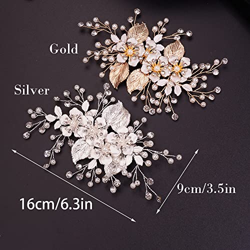 Teyglen Dainty Bridal Flower Hair Clip Hairpin Gold Leaf Crystal Pearl Hair Barrette Handmade Wedding Hair Piece Hair Accessories For Women Bride Girls (Silver) #TOP5