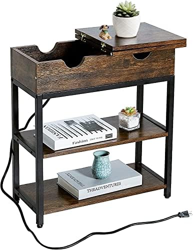 CUSSIOU Side Table End Table with Charging Station, Bedside Nightstand with with USB Ports and Outlets, Nightstands for for Small Space, Living Room, Metal Frame Brown