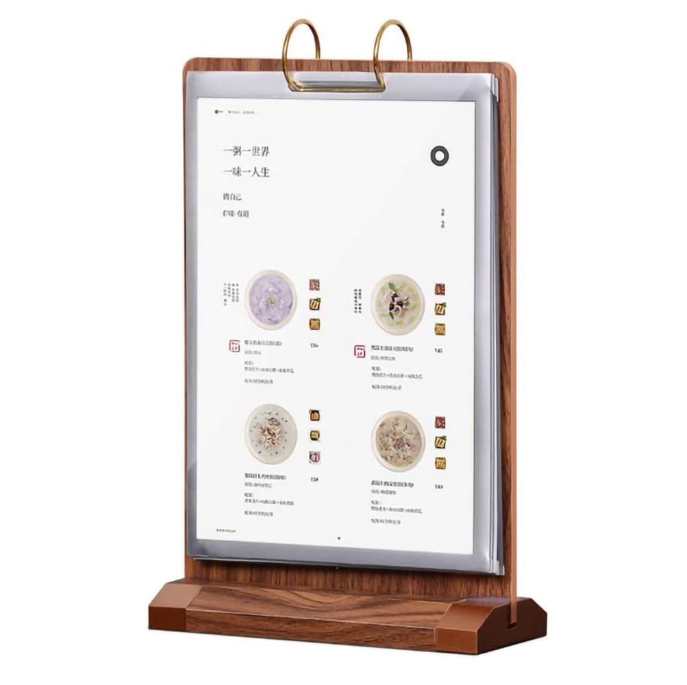 A5 Walnut Wood Sign Holder Vertical Table Card Flip Display 6 Pages - 12 Sides, T Double Sided Flyer Display Frame with Base, Table Card for Picture Paper Store Office Menu Retail Show Fair (6x8")