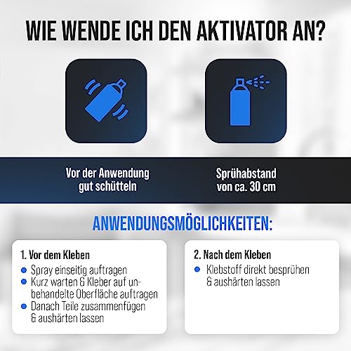 Top2Glue Sekundenkleber Aktivator Spray 200ml - Sprühdose für blitzschnelles Aushärten von Sekundenklebern - Cyanacrylat Aushärtungsbeschleuniger - starke Verklebung mit allen Sekundenklebern (1Dose)