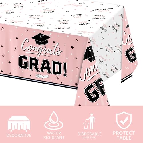 Image of Oigco Graduation Decorations Congrats Grad Graduation Tablecloth for 2026 Graduation Party Supplies, 3 Pcs Pink Plastic Table Cloths, 54 inchx108 inch