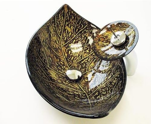 Blackish Green Leaf Glass Vessel Sink and Waterfall Faucet, Chrome HP-4142 (Sink & Faucet)