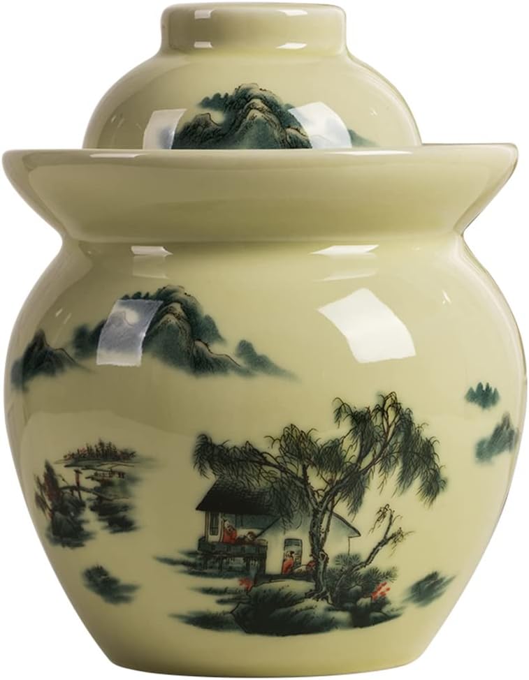 ZHOUXIAO Traditional Chinese Porcelain Pickle Jar, Landscape Painting Fermentation Crock Pickling Pot,Fermenting Jar with Water Seal Airlock Lid Stoneware Fermenter for Kimch A-3.5KG