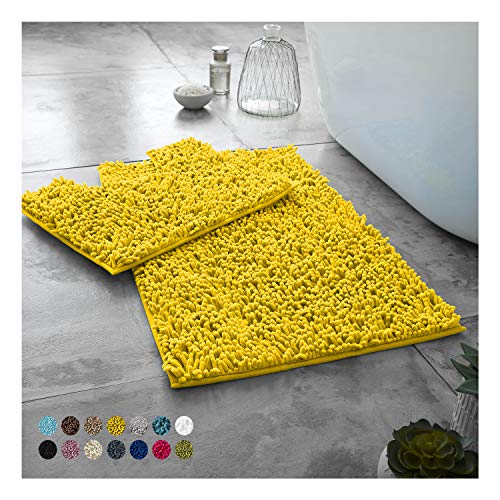 Lions Luxury 2 Piece Loop Bath Mats for Bathroom - Non Slip Chenille Bath Mat Set Rugs, Extra Soft with Water Absorbent Pedestal Bathmat Shower Toilet Mat, Ochre