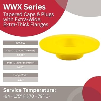 Caplugs WWX-10 WWX Series Plastic Tapered Cap & Plug w/Extra Wide & Thick Flange, 40 Pack, Yellow LD-PE, Flange OD 2.37 x Plug ID 0.870 Threaded, Non-Threaded Protection, Masking (99394902)