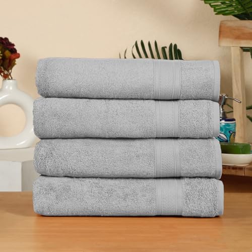 Image of Arvind 100% Cotton Towels for Bath | Towels for Bath Large Size | 500 GSM Bath Towel - Soft & Absorbent | 4 Piece Bath Towel for Men /Women | Urban Comfort | 70 cm x 140 cm - Light Grey