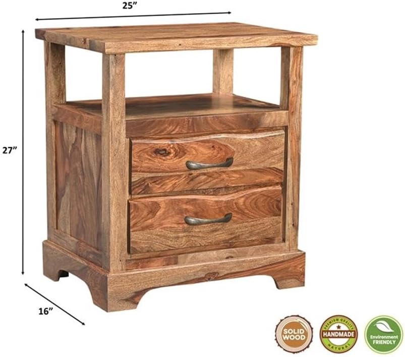 Pemberly Row 5-Piece Queen Bedroom Set, Solid Sheesham Wood, Brown Finish, Live Edge Headboard, Nightstand with Storage, Dresser, Chest, Accent Mirror, Natural Grain, Rustic Style for Master Bedroom