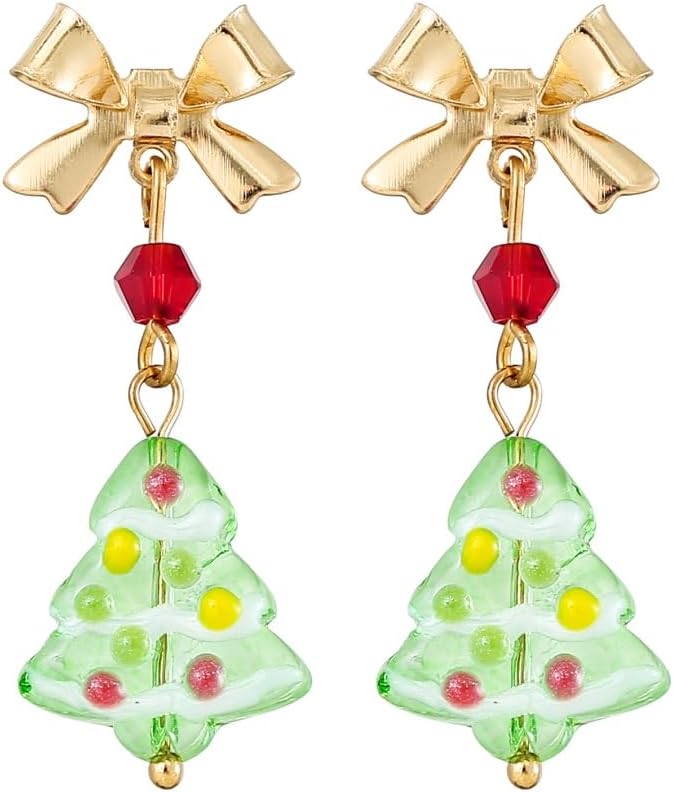Christmas Tree Drop Dangle Earrings for Women Cute Gemstone Bow Knot Ribbon Earrings Xmas Holiday Costume Accessory New Year Party Jewelry