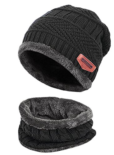 T Wilker 2Pcs Kids Winter Knitted Hats+Scarf Set Warm Fleece Lining Cap For 5-14 Year Old Boys Girls Black #TOP1