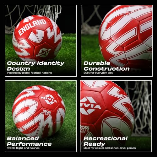 Image of Nivia Kross World Football (England) Training Ball, 32 Panels, Durable Rubber Hand-Stitched, Latex Bladder, As Per AIFF Standards, to Play On Both Natural and Artificial Grass (Size - 5, Red)
