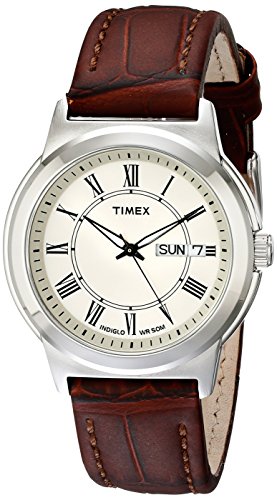 Timex Men's T2E581 Elevated Classics Silver-Tone Watch with Brown Leather Band