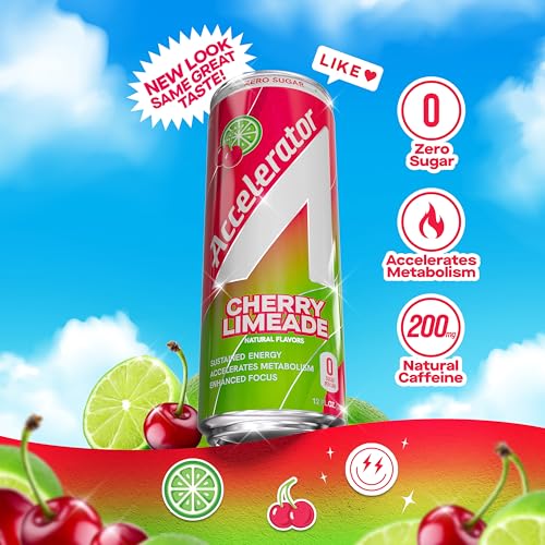 Image of Accelerator Active Energy Drink, Cherry Limeade 12oz can (12 pack) | Zero Sugar, Sustained Energy from 100% Natural Caffeine (200mg from Green Coffee Bean & Green Tea extract)