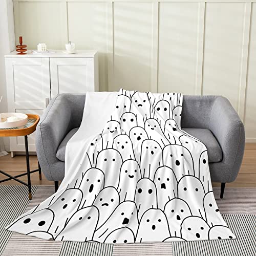 Cute Ghost Flannel Fleece Blanket Throw Size,Super Soft Cozy Black and White Plush Blankets,Lightweight Microfiber Halloween Theme Throw Blanket for Couch Sofa Bed,50x60 Inches