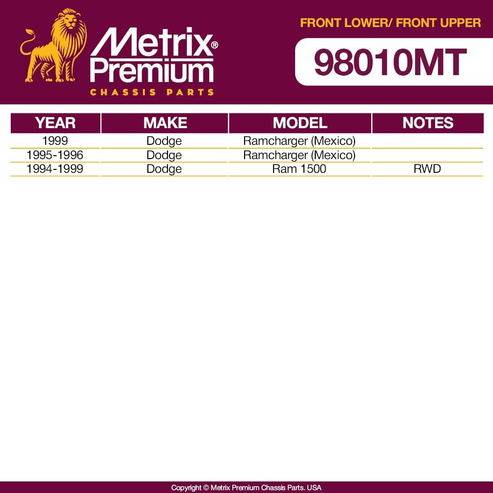 Metrix Premium Chassis Parts - 4 PC Front Upper & Front Lower Ball Joint Kit Fits 99 Dodge Ramcharger (Mexico), 95-96 Ramcharger (Mexico), 94-99 Ram 1500 RWD, Replacement K7201, K7206T, Made in Europe
