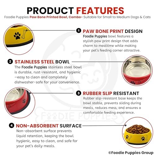 Image of Foodie Puppies Stainless Steel Dog Bowl Combo - (Medium, 700ml) Food and Water Feeding Gift Bowl | Suitable for Dogs, Cats and Other Pets I Paw Bone Print, Anti-Skid Rubber Base (Red + Yellow)