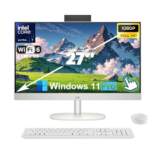 Image of HP 27 inch All-in-One Desktop PC, Intel Ultra 7 155U, 64GB DDR5 RAM, 2TB SSD, FHD Touchscreen, Windows 11 Pro, Wi-Fi 6, Webcam, Wireless Keyboard & Mouse, Ideal for Work or Study w /Computer Bundle