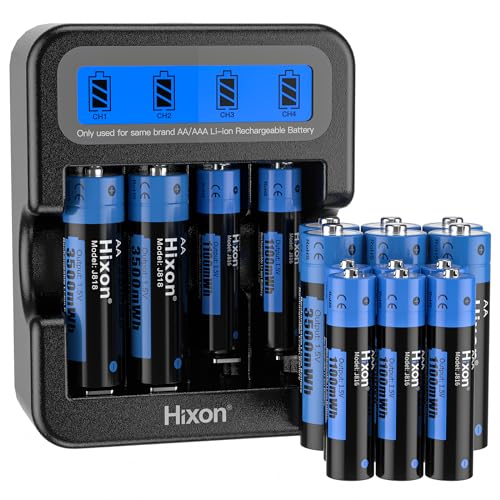 Hixon Juego de baterías de litio de 1,5 V, 8 unidades recargables de 3500 mWh, 1,5 V AA de litio y 8 pilas de litio AAA de 1100 mWh de 1,5 V con cargador inteligente para pantalla LCD