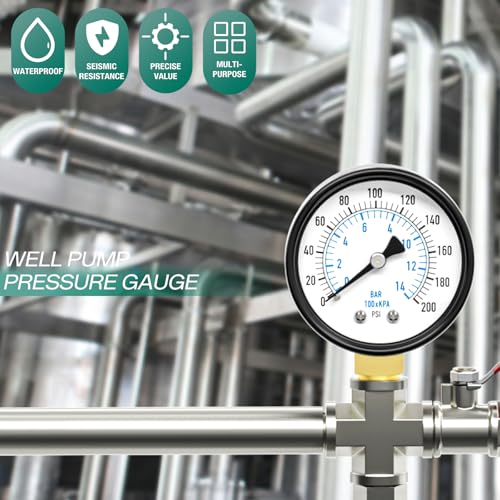 Image of 0-200PSI Well Pump Pressure Gauge 2 inch Dial Size, 1 /8 inch NPT Lower Mount, 3-2-3% Accuracy, for Tube, Water Pump, Gas, Liquid, Pressure Test