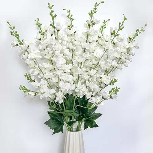 aunosit 8 pcs White Delphinium Artificial Flowers 34.25Artificial Snapdragon Flowers Tall Fake Flowers Silk Flowers Faux Delphinium Bulk for Tall Vase Home Wedding Garden Table Decor (White)