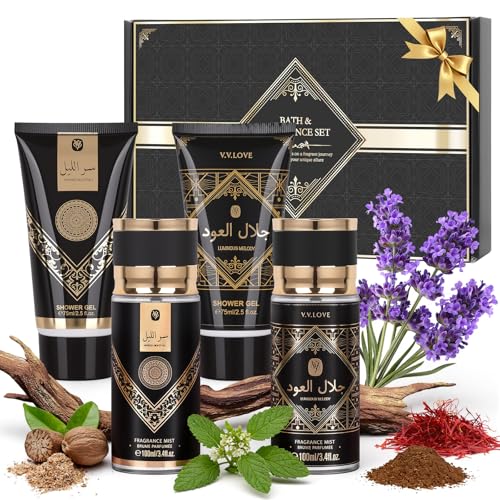 Image of Mens Shower Gel Fragrance Gift Set, 2 x 75ml Shower Gels +2 x 100ml Perfume Gift for Men - Woody Notes, Oud for Men, Gifts for Him, Birthday Valentine Fathers Day Christmas Mens Gift