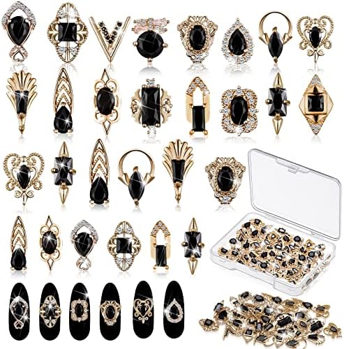 24 Pieces 3D Nail Charms Gold Luxury Black Rhinestones Nail Charms for Acrylic Nails Black Zircon Jewels Crystals Nail Rhinestones with Storage Box for Nail DIY Craft Art