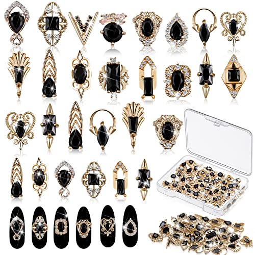 Leelosp 24 Pieces 3D Nail Charms Gold Luxury Black Rhinestones Nail Charms for Acrylic Nails Black Zircon Jewels Crystals Rhinestones with Storage Box for DIY Craft Art