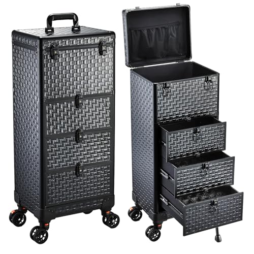 Stagiant Makeup Trolley Vanity Case Large Makeup Case Lockable Make Up Box Organiser with 3 Drawers Hairdressing Trolley on Wheels Beauty Nail Technician Cases Black