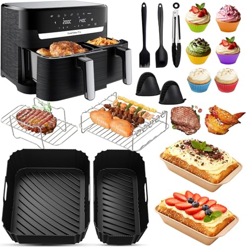 Heißluftfritteuse Zubehör für Tefal EY9018 Dual Easy Fry 8,3L (5,2/3,1L) Einschliesslich Silikon Airfryer Zubehör, Grillrost, Kuchenformen, Heißluftfritteuse Silikonform für Tower T17099/Salter EK5729