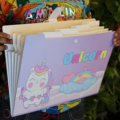Image of SPS A4 Expanding File Folder - Pack of 4 | Unicorn Theme | 5 Pockets | Pastel Colors - Blue, Purple, Green, Pink | Snap Button Closure | Fits A4 & Letter Size | Cute & Kid-Friendly