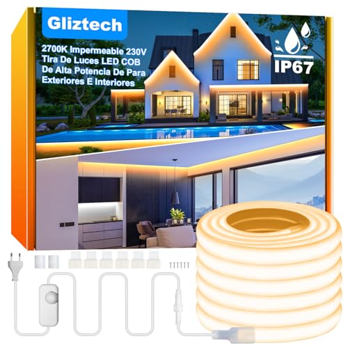 Gliztech Ruban LED COB Exterieur IP67 Étanche AC 230V à Douille Directe, 20M Super Lumineuse Led Cob avec Contrôleur à Double Fusible, 2700K Bande LED Blanc pour Jardin Terrasse Commerciale