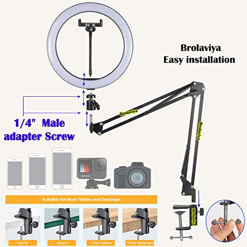 BROLAVIYA-Overhead-Video-Mobile-Stand-with-10inch-Ring-Light-Metal-Arm14-Male-Adaptor-for-CameraGoproMobile-Bracket-for-VideoDesktopBedroom-Office
