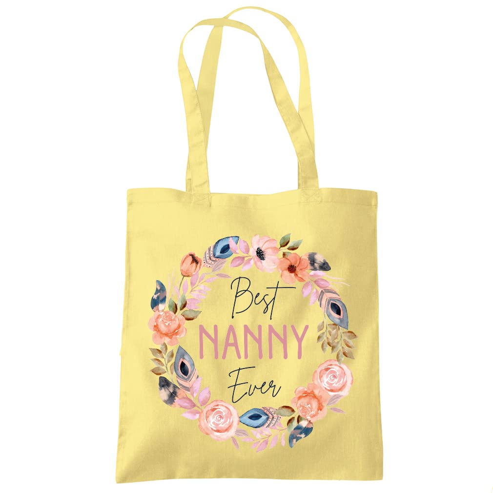 HotScamp Best Nanny Ever Flower Wreath - Tote Shopping Bag - Mother's Day Grandmother Grandma Nan One size lemon yellow