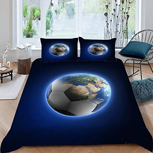 Juego de ropa de cama de 3 piezas con diseño de fútbol terrestre 3D, microfibra suave, personalizable, con cremallera, antialérgica, para cama doble pequeña
