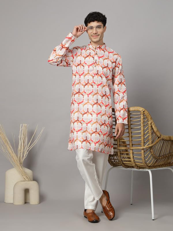 Image of Vastraa Fusion Men's Printed Kurta Pure Cotton Long Kurta, Round Collar, Full Sleeves, Button Kurta, Ethnic Wear