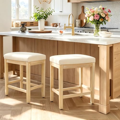Image of RNKSFX Counter Height Bar Stools Set of 2 for Kitchen Counter Farmhouse Modern Backless Barstools with Faux Leather Upholstered Seat and Solid Wood Legs 24 inch Bar Chairs, Khaki + Wood Color