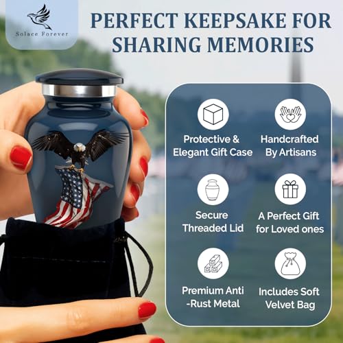 Solace Forever Small Urns for Human Ashes - Patriotic Eagle with US Flag Design - Mini Urn Keepsake Memorial for Men and Women - Handcrafted Remembrance Urn for Ashes (Black, Set of 1)