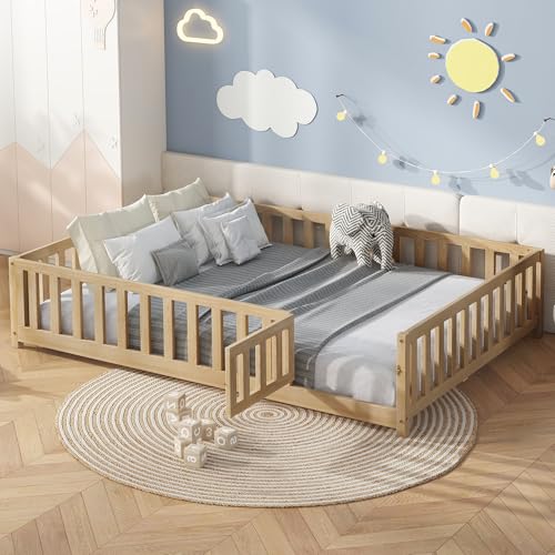 Image of Bellemave Floor Bed Full Size Montessori Bed Frame with Fence and Door, Wooden Full Platform Bed for Kids, Boys Girls, Solid Wood Full Bed, No Box Spring Needed,Natural