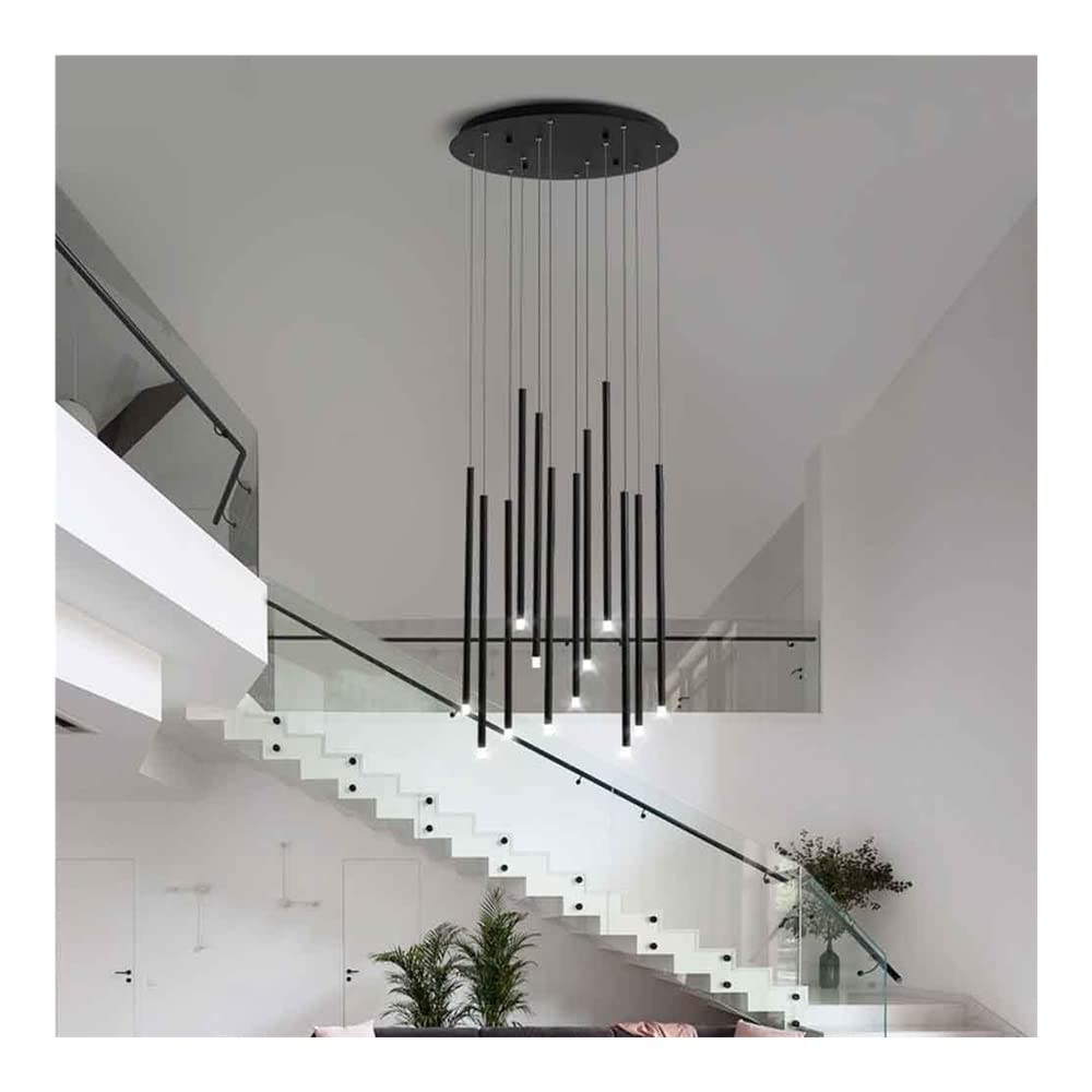 LYMSXAZOU Chandelier for Modern High Foyer Entryway - Duplex Spiral Staircase Long Tube Ceiling Lighting- Adjustable Large Pendant Hanging Light