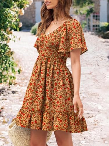 Image of UEAL Womens Cute Floral Smocked V Neck Flutter Sleeve Sundress with Pockets Casual Spring Summer Dresses for Women 2026