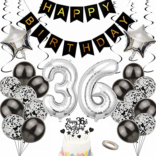 Yunchu Online Luftballon 36. Geburtstag Dekoration 36 Jahr Männer Frauen Black and Silber Party Deko 36. Geburtstag Männer Party Deko Ballon